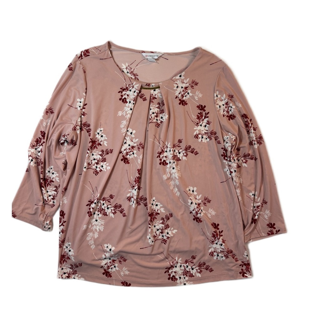 Liz Claiborne Blouse Top Womens 1X Hue Pink Floral Stretch Gold-Toned Bar‎ Neck